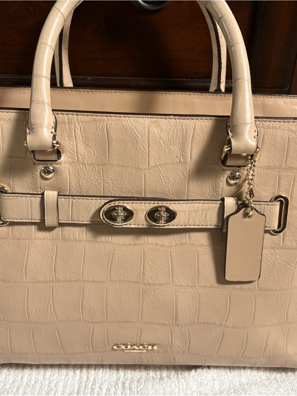 Coach Croc-Embossed Leather Satchel in Beige with Gold Hardware